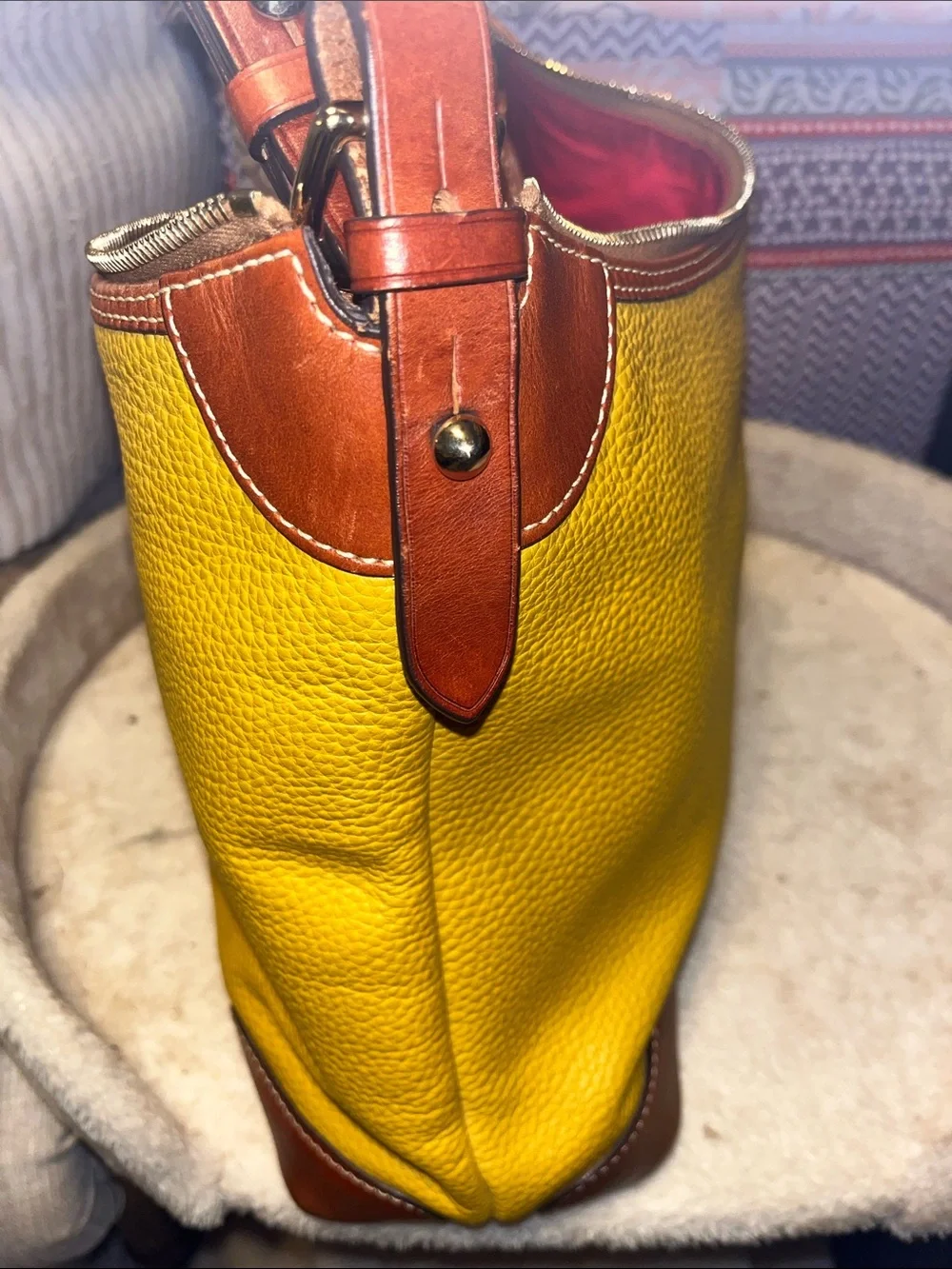 Dooney & Bourke Mustard Pebbled Leather Messenger Bag with Brown Trim